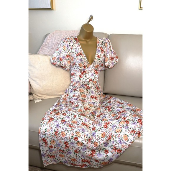 Puff Sleeve | Floral Dress  | V Neck A Line | Womens Small - Picture 2 of 10